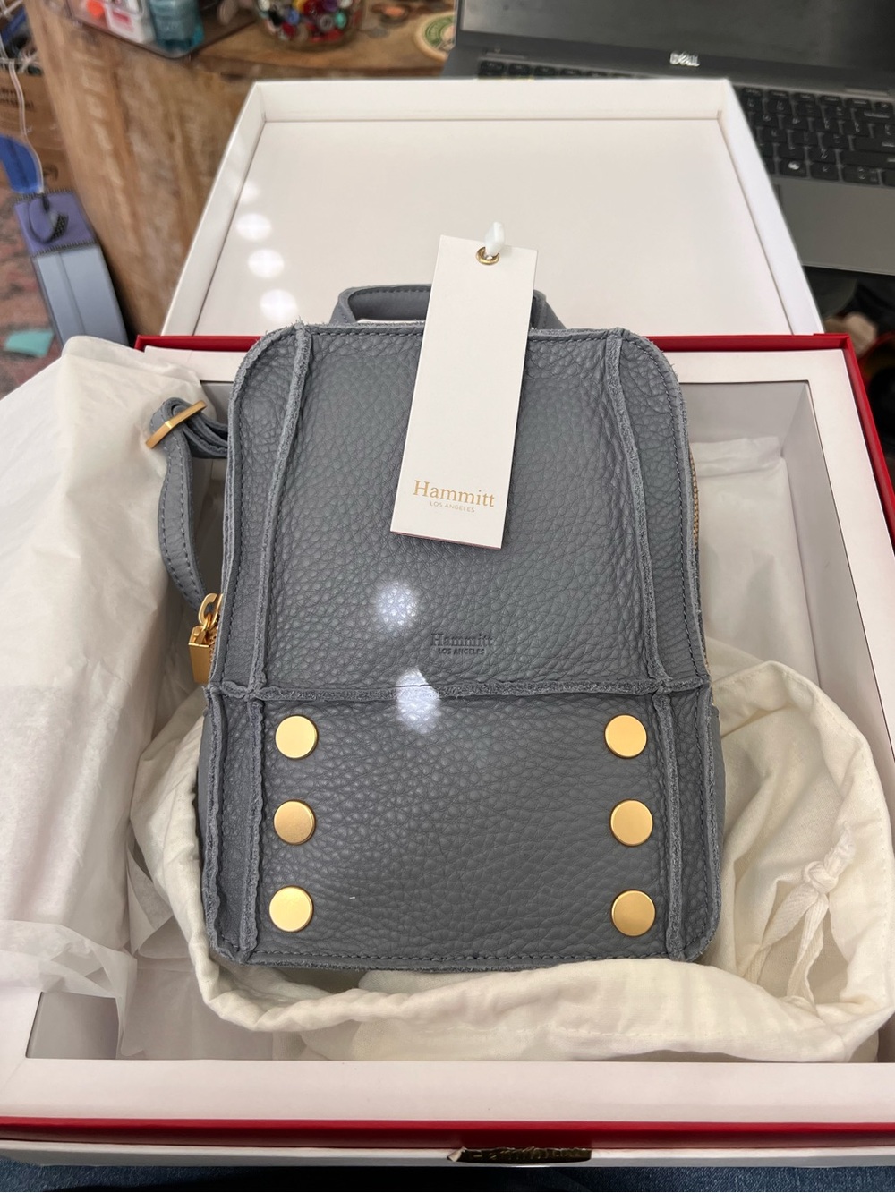 🔥 NWT Hammitt Hunter Mini Leather Backpack Daybreak Blue Gold Studs Boxed